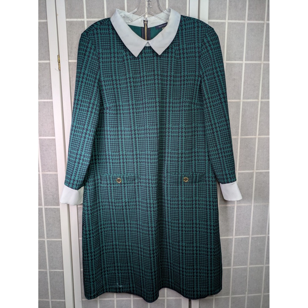 Tommy Hilfiger Womens Green Houndstooth Peter Pan Collar Shift Dress 12 Academia